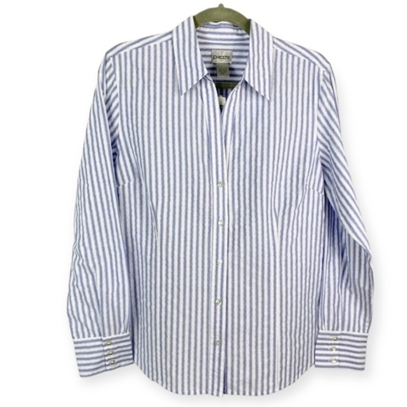Chico’s Ladybird Stripe Ellsbury Shirt Button Down White Blue Medium Academia - Picture 1 of 8